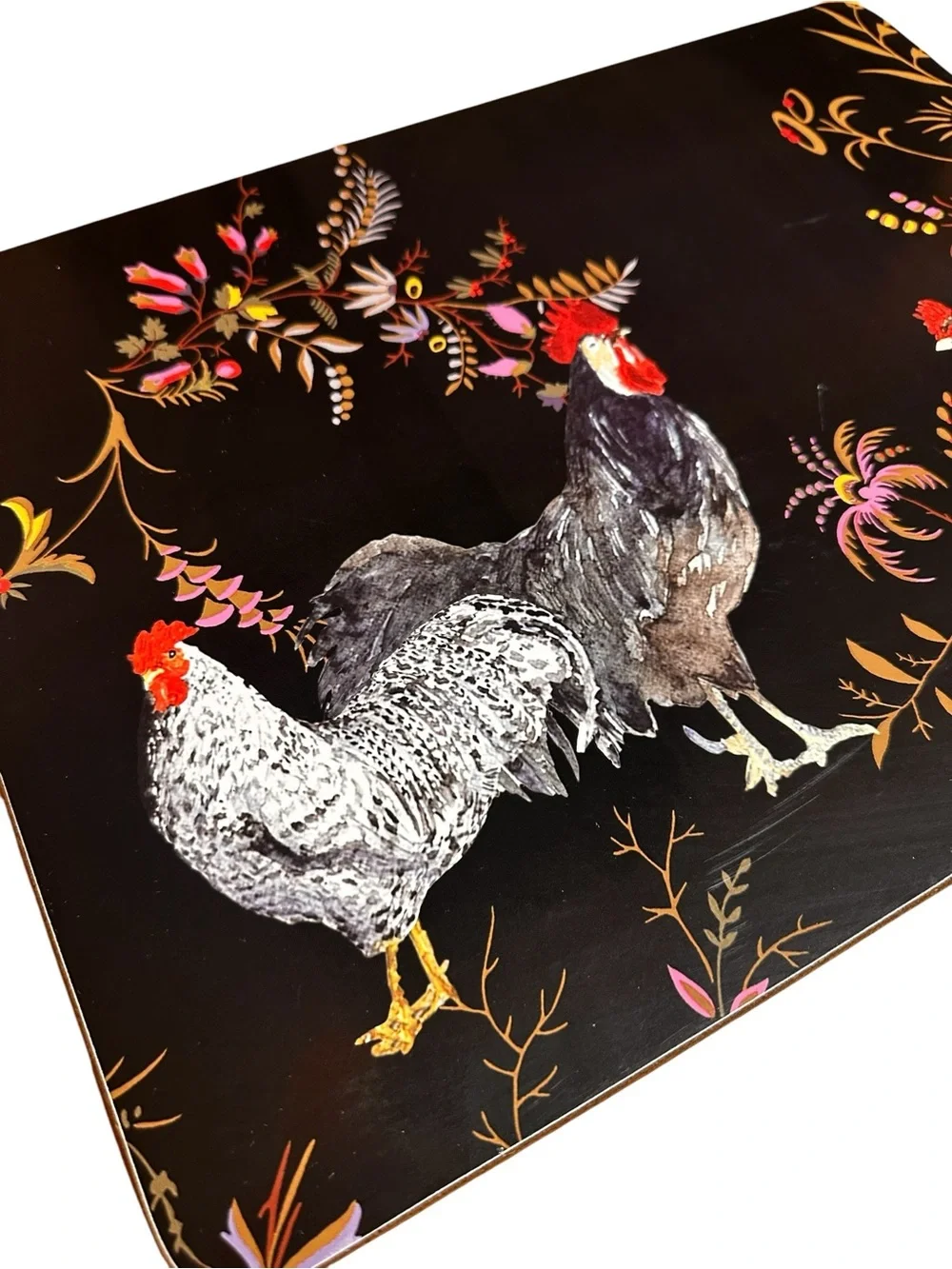 Williams Sonoma Placemats Rooster Francais Set 2 Black Lacquer Cork Backed
